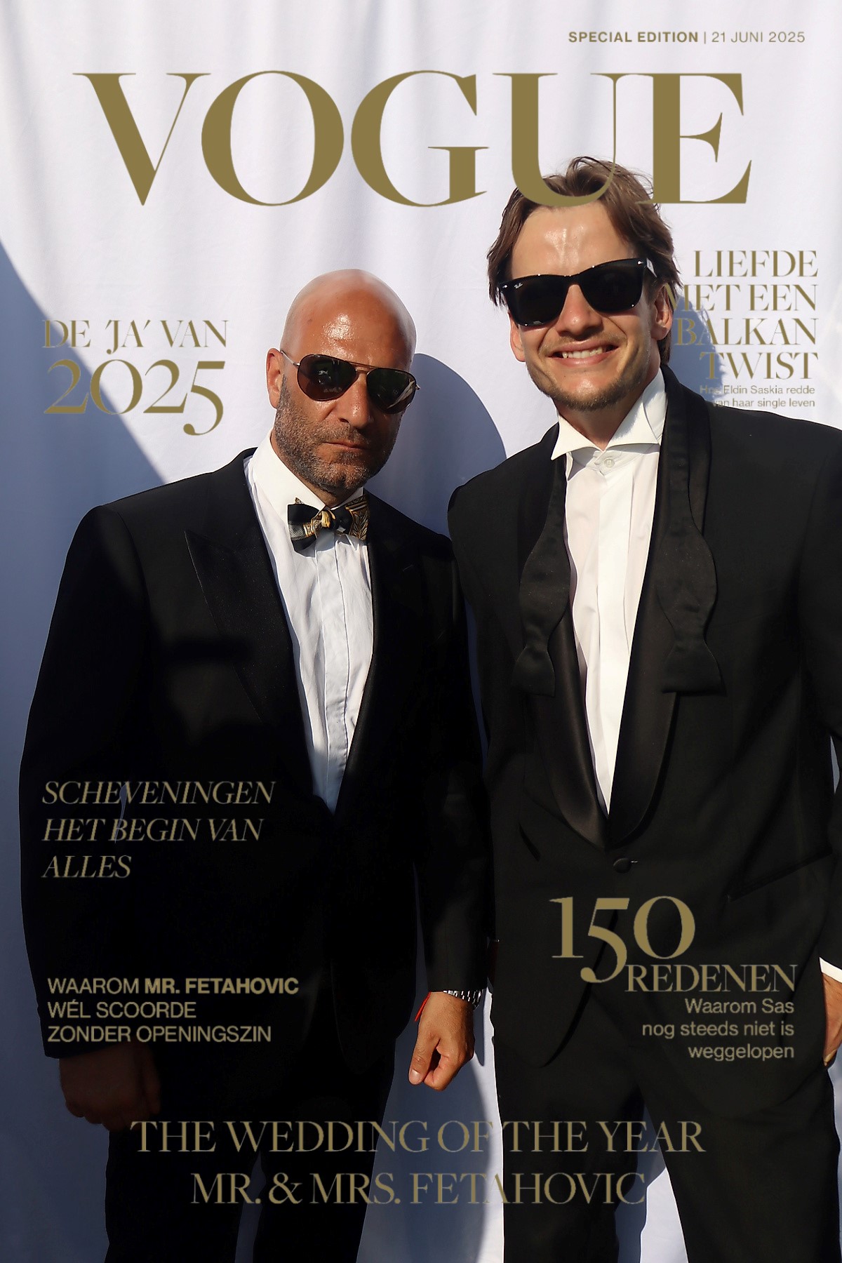 Vogue-cover van twee gasten in smoking
