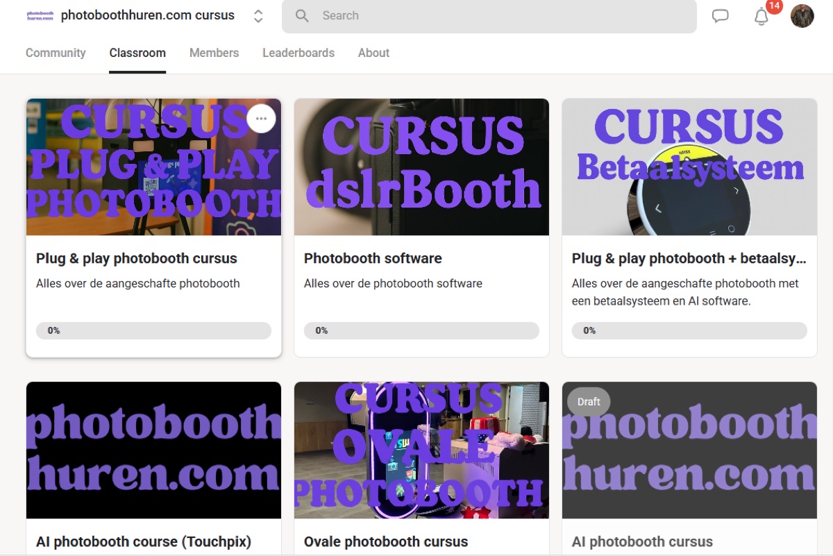 Overzicht van de online videocursussen van Photoboothhuren.com
