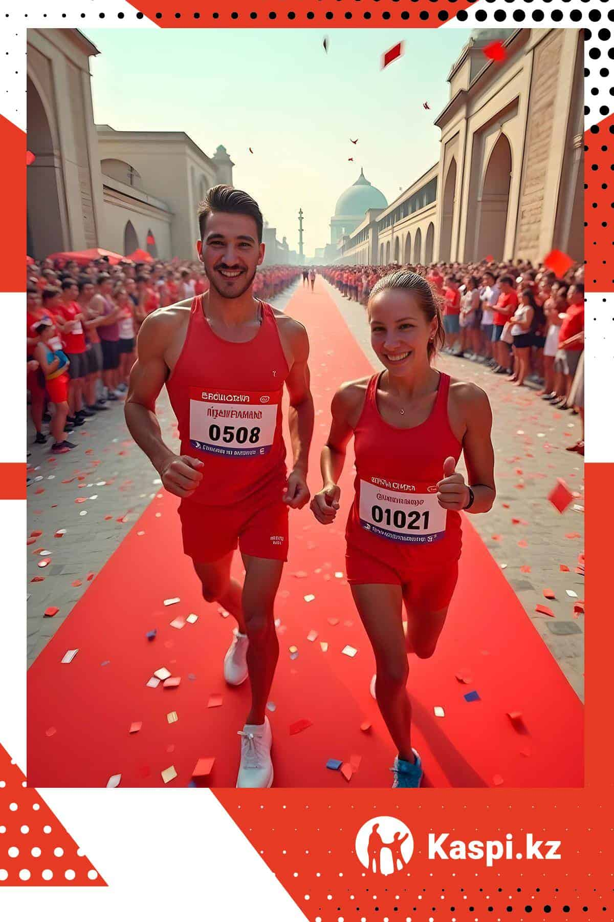 AI-foto van twee hardlopers in de huisstijl van Kaspi.kz